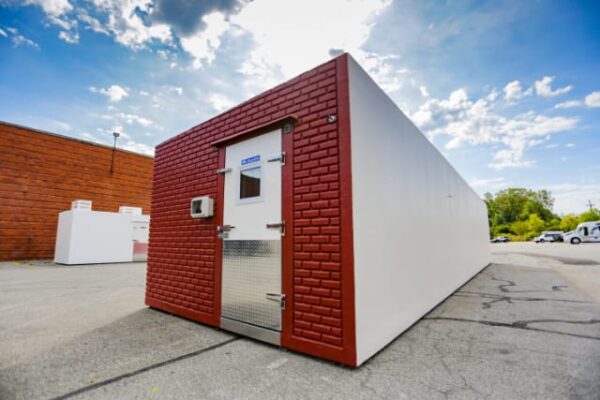 Cooler unit with red brick front and white back