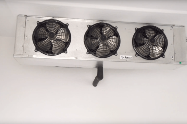 Black fans in walk-in refrigerator
